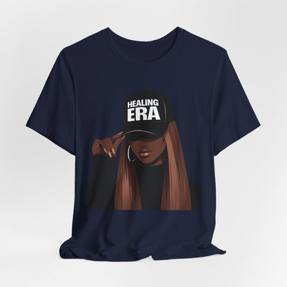 Healing Era Tee — Black Woman Graphic T‑Shirt with 'Healing ERA' Cap Design
