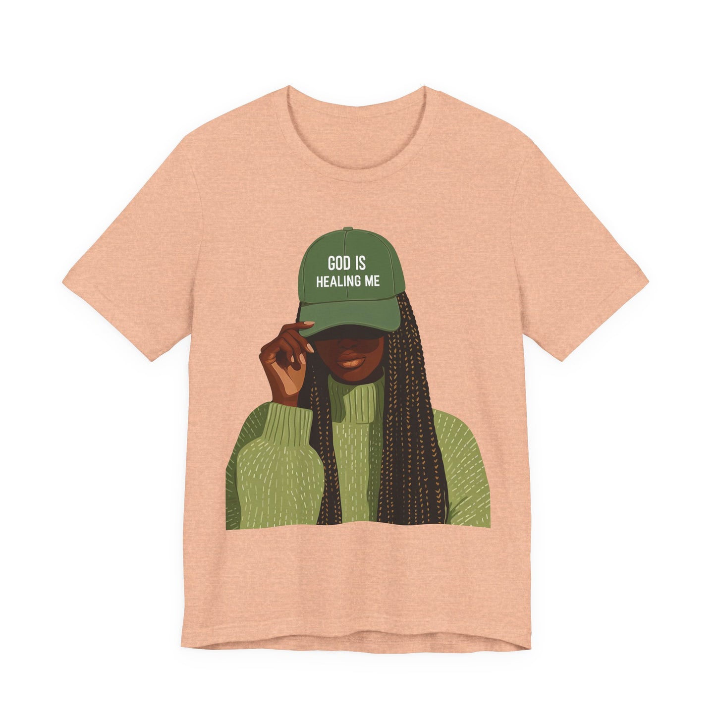 God Is Healing Me Tee — Inspirational Faith T‑Shirt with Green Cap Graphic