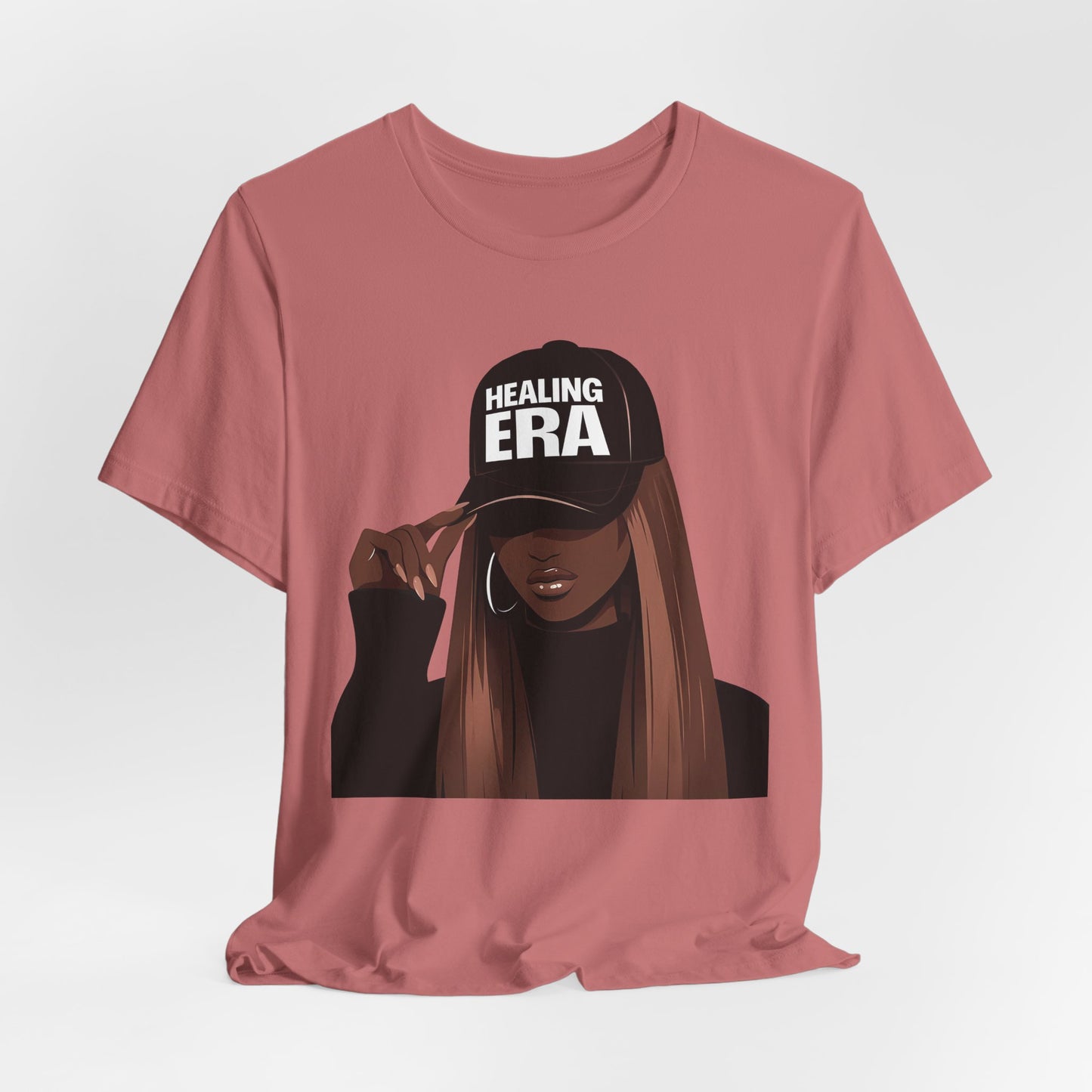 Healing Era Tee — Black Woman Graphic T‑Shirt with 'Healing ERA' Cap Design