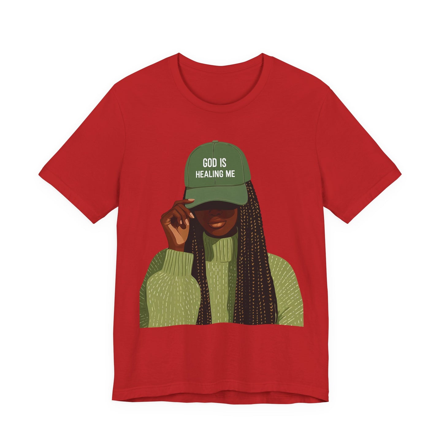God Is Healing Me Tee — Inspirational Faith T‑Shirt with Green Cap Graphic