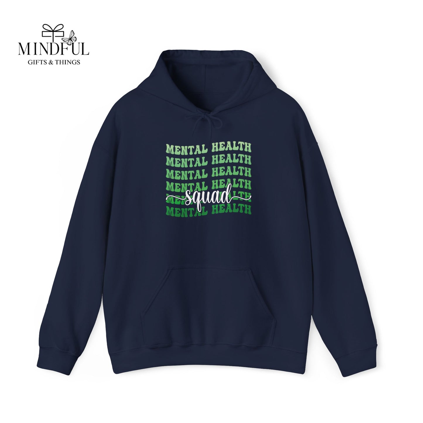 Mental Health Hoodie — Green Repeated Text Awareness Pullover