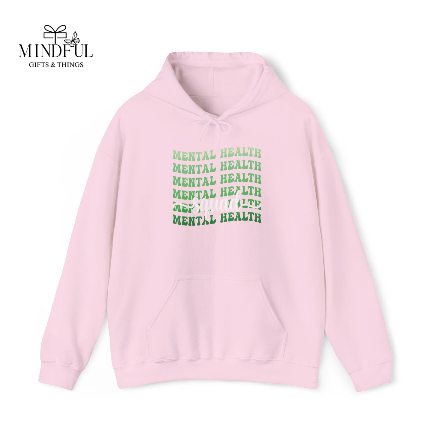 Mental Health Hoodie — Green Repeated Text Awareness Pullover