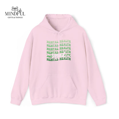 Mental Health Hoodie — Green Repeated Text Awareness Pullover