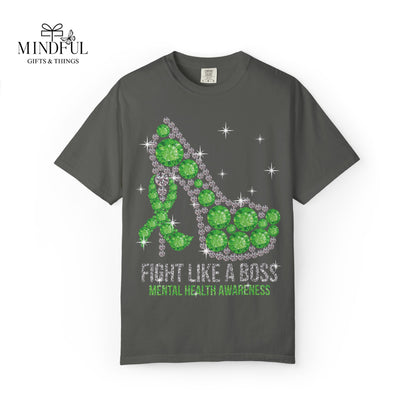 Mental Health Awareness T-Shirt — "Fight Like a Boss" Green Ribbon Heels