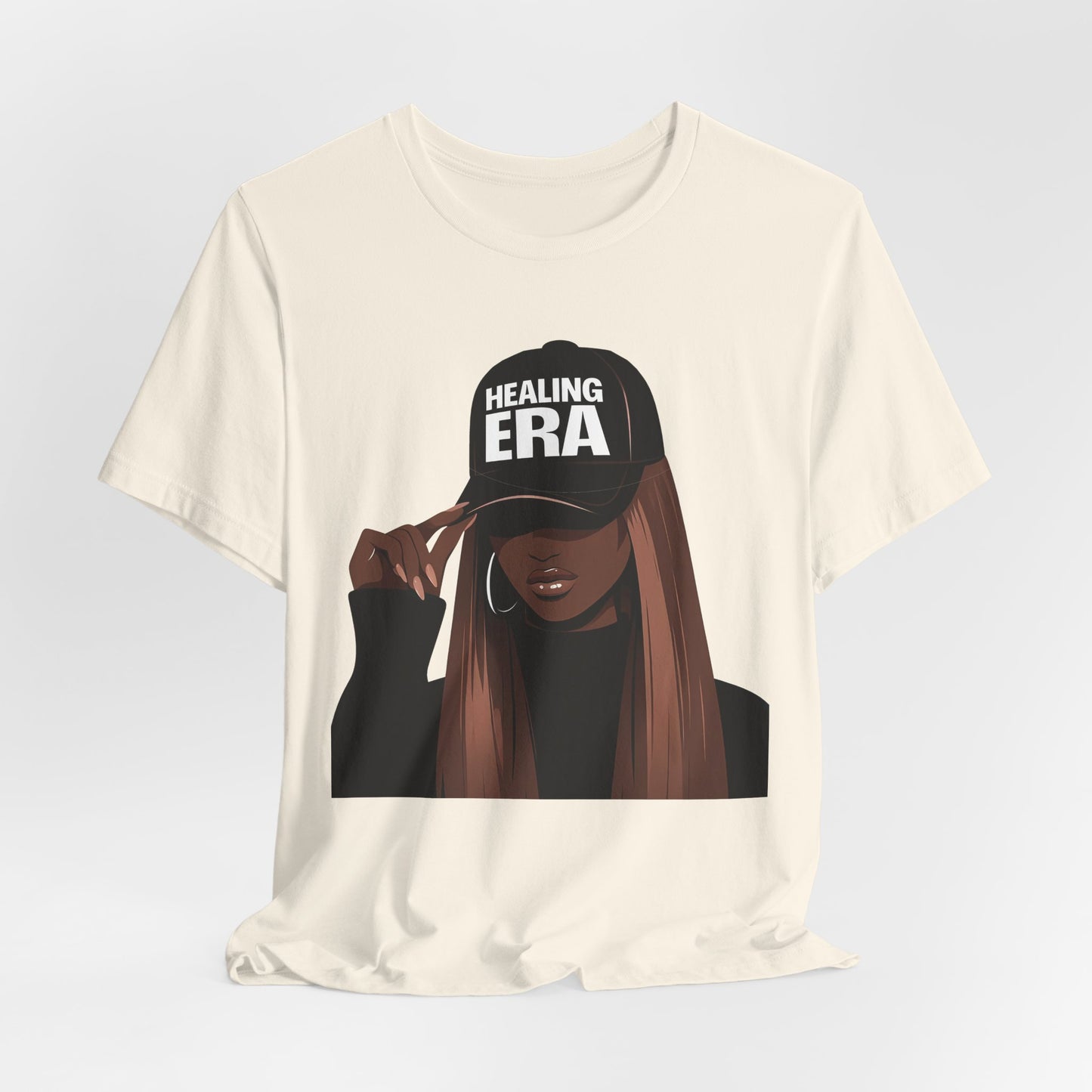 Healing Era Tee — Black Woman Graphic T‑Shirt with 'Healing ERA' Cap Design