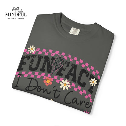 Funtact Don't Care Graphic T-Shirt — Retro Checker Flowers & Skulls Tee