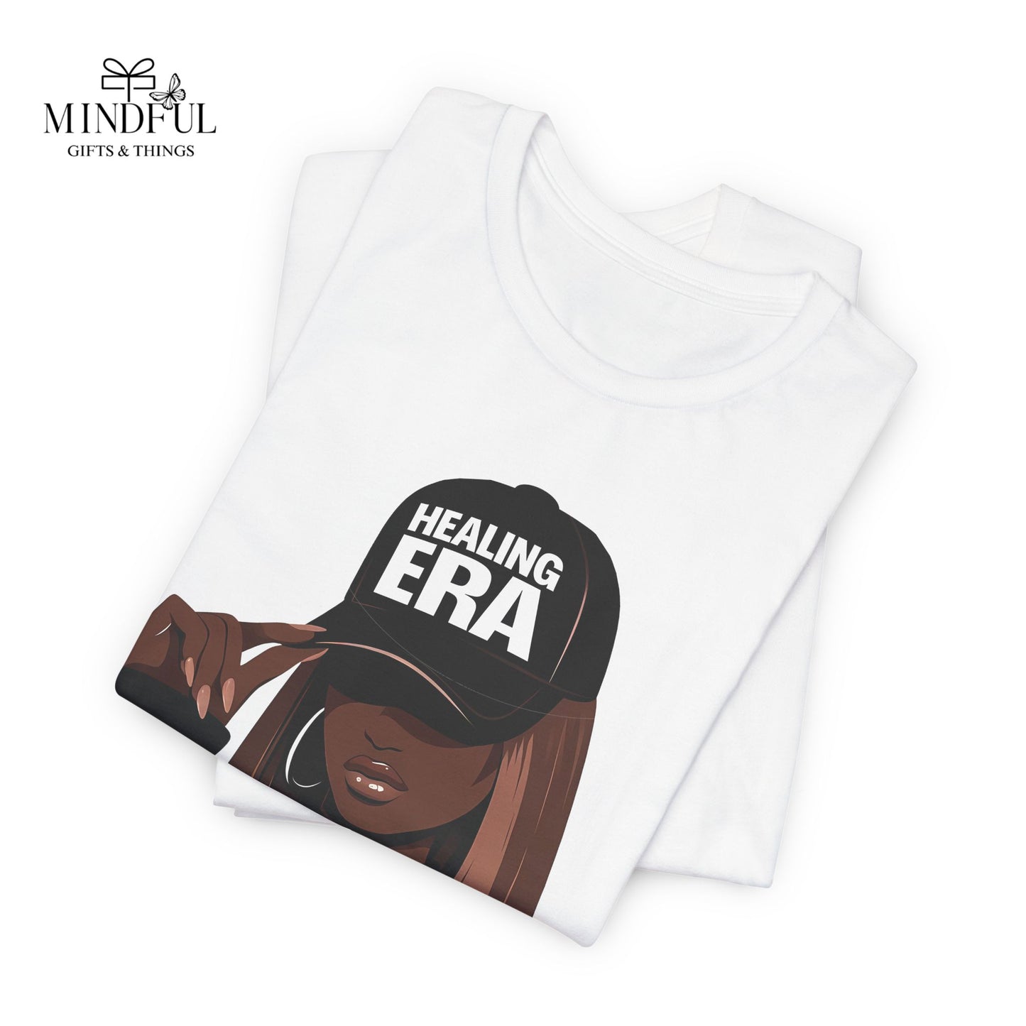 Healing Era Tee — Black Woman Graphic T‑Shirt with 'Healing ERA' Cap Design