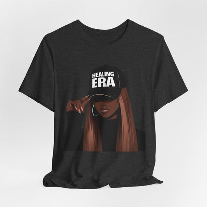 Healing Era Tee — Black Woman Graphic T‑Shirt with 'Healing ERA' Cap Design