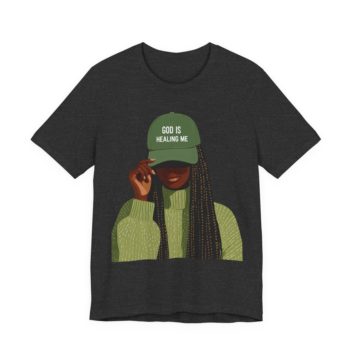God Is Healing Me Tee — Inspirational Faith T‑Shirt with Green Cap Graphic