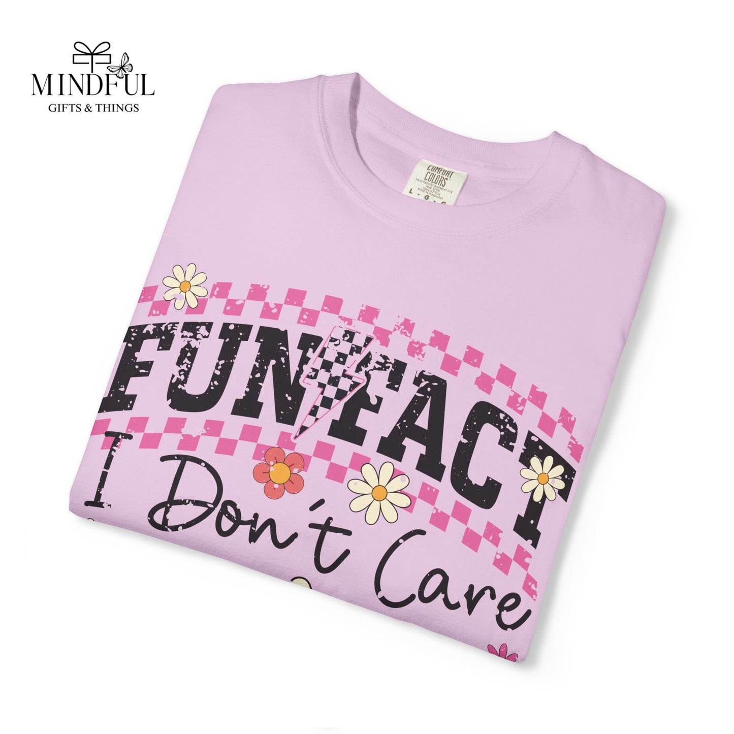 Funtact Don't Care Graphic T-Shirt — Retro Checker Flowers & Skulls Tee