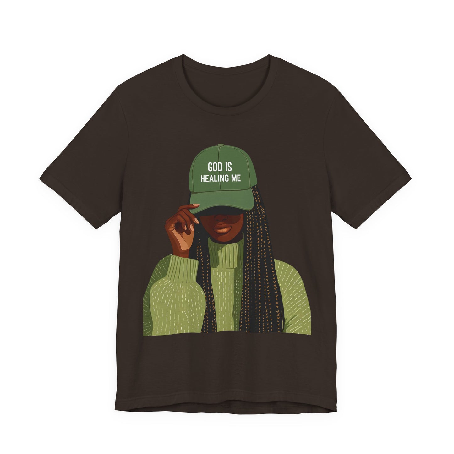 God Is Healing Me Tee — Inspirational Faith T‑Shirt with Green Cap Graphic
