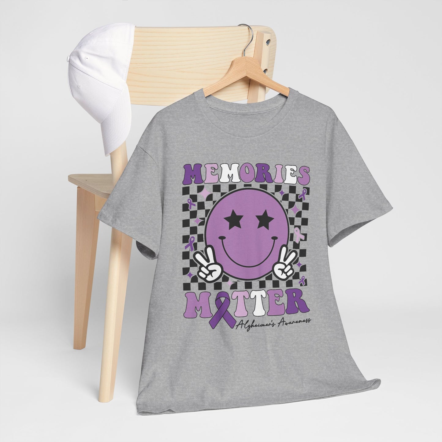 Smiley Memories Matter Tee — Purple Alzheimer’s Awareness Shirt