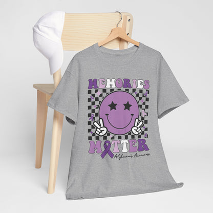 Smiley Memories Matter Tee — Purple Alzheimer’s Awareness Shirt
