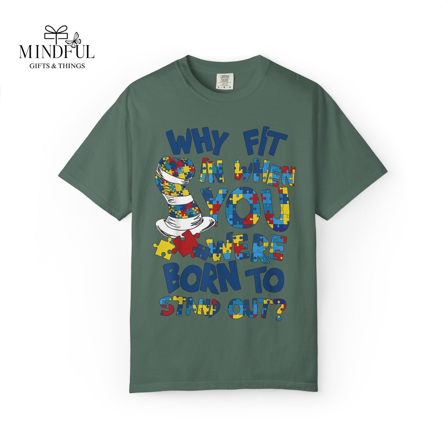 T-Shirt — "Why Fit In When You Were Born to Stand Out?" Colorful Puzzle Autism Awareness Tee