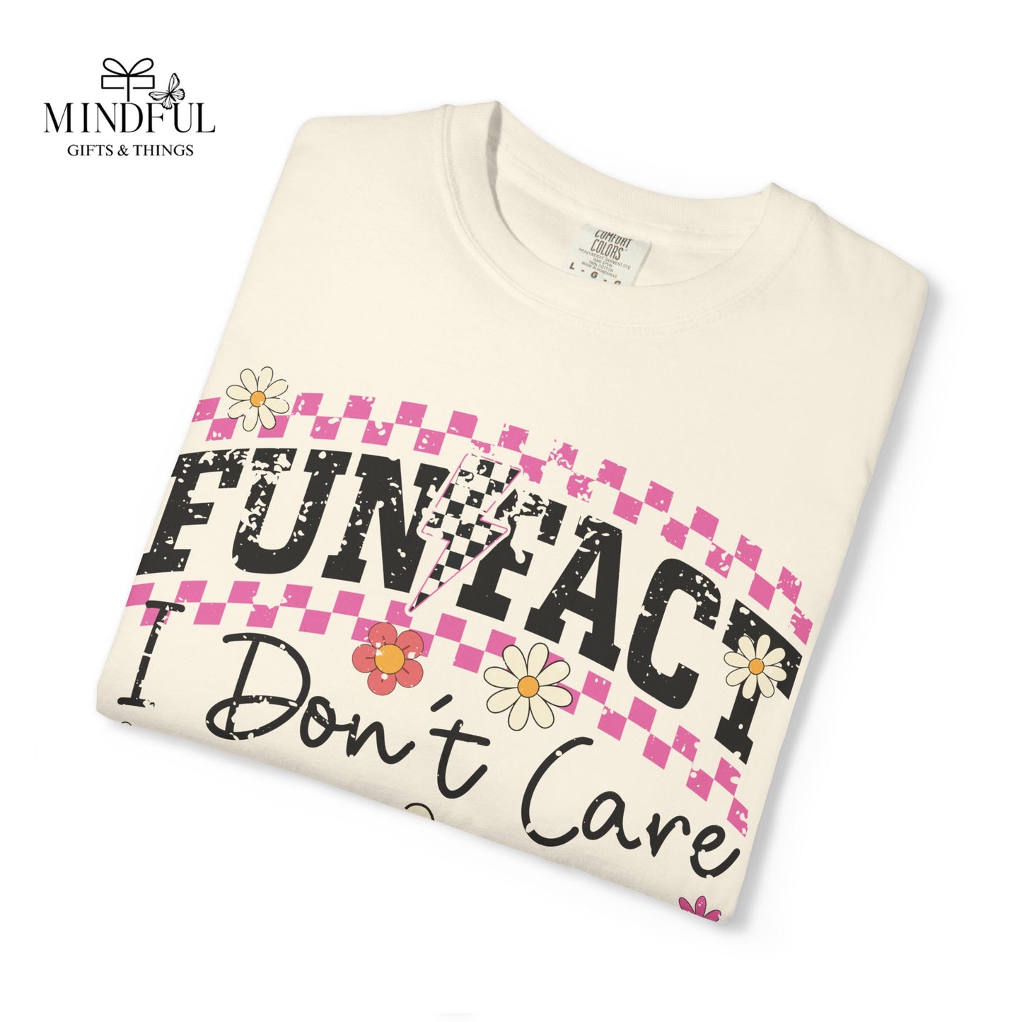 Funtact Don't Care Graphic T-Shirt — Retro Checker Flowers & Skulls Tee