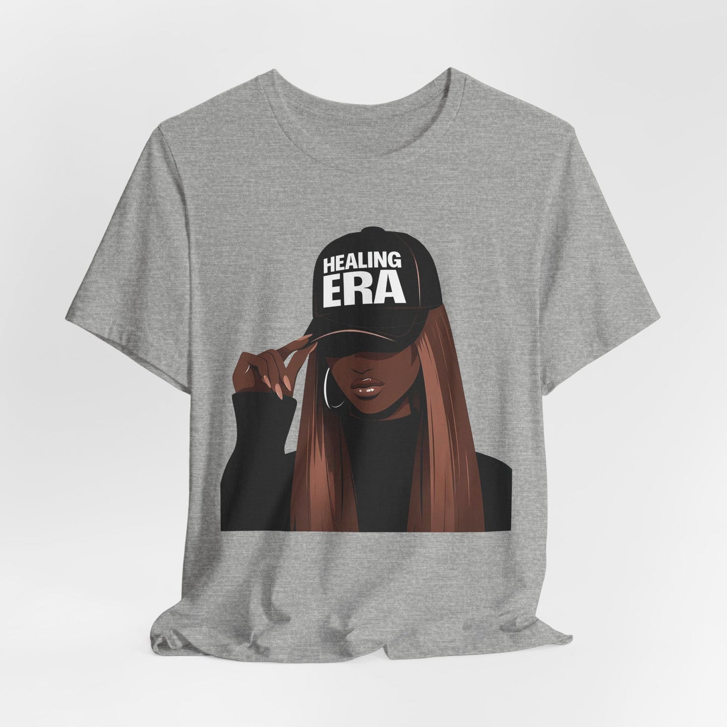 Healing Era Tee — Black Woman Graphic T‑Shirt with 'Healing ERA' Cap Design
