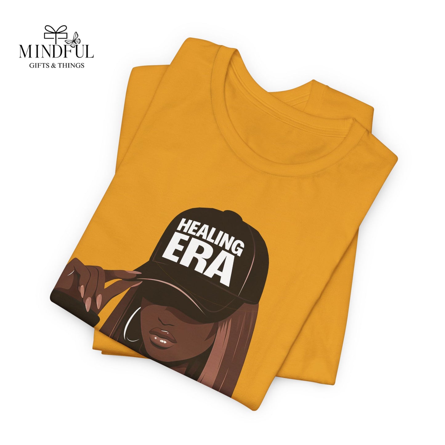 Healing Era Tee — Black Woman Graphic T‑Shirt with 'Healing ERA' Cap Design