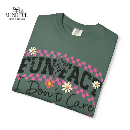Funtact Don't Care Graphic T-Shirt — Retro Checker Flowers & Skulls Tee