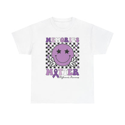 Smiley Memories Matter Tee — Purple Alzheimer’s Awareness Shirt