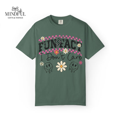 Funtact Don't Care Graphic T-Shirt — Retro Checker Flowers & Skulls Tee