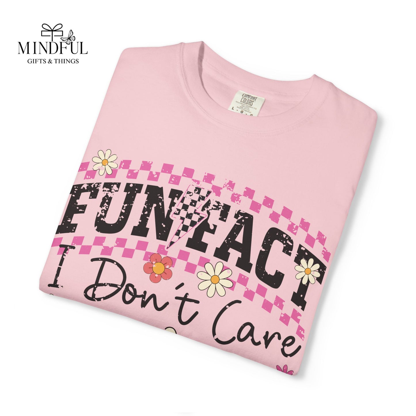 Funtact Don't Care Graphic T-Shirt — Retro Checker Flowers & Skulls Tee