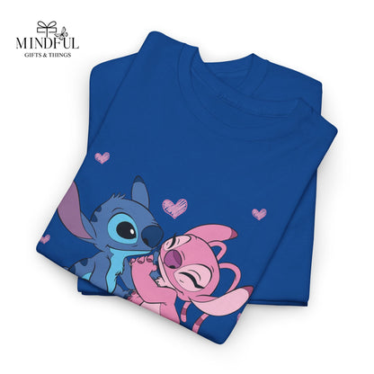 T-Shirt — Cute Stitch & Angel Couples Graphic Tee (Romantic Disney-Inspired Heart Design)