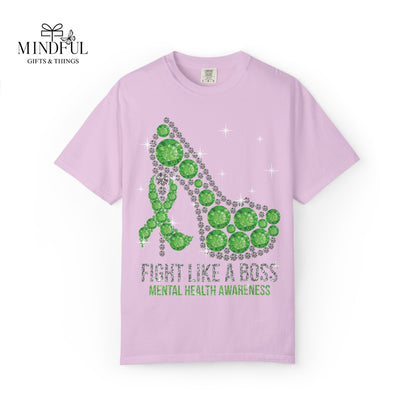 Mental Health Awareness T-Shirt — "Fight Like a Boss" Green Ribbon Heels