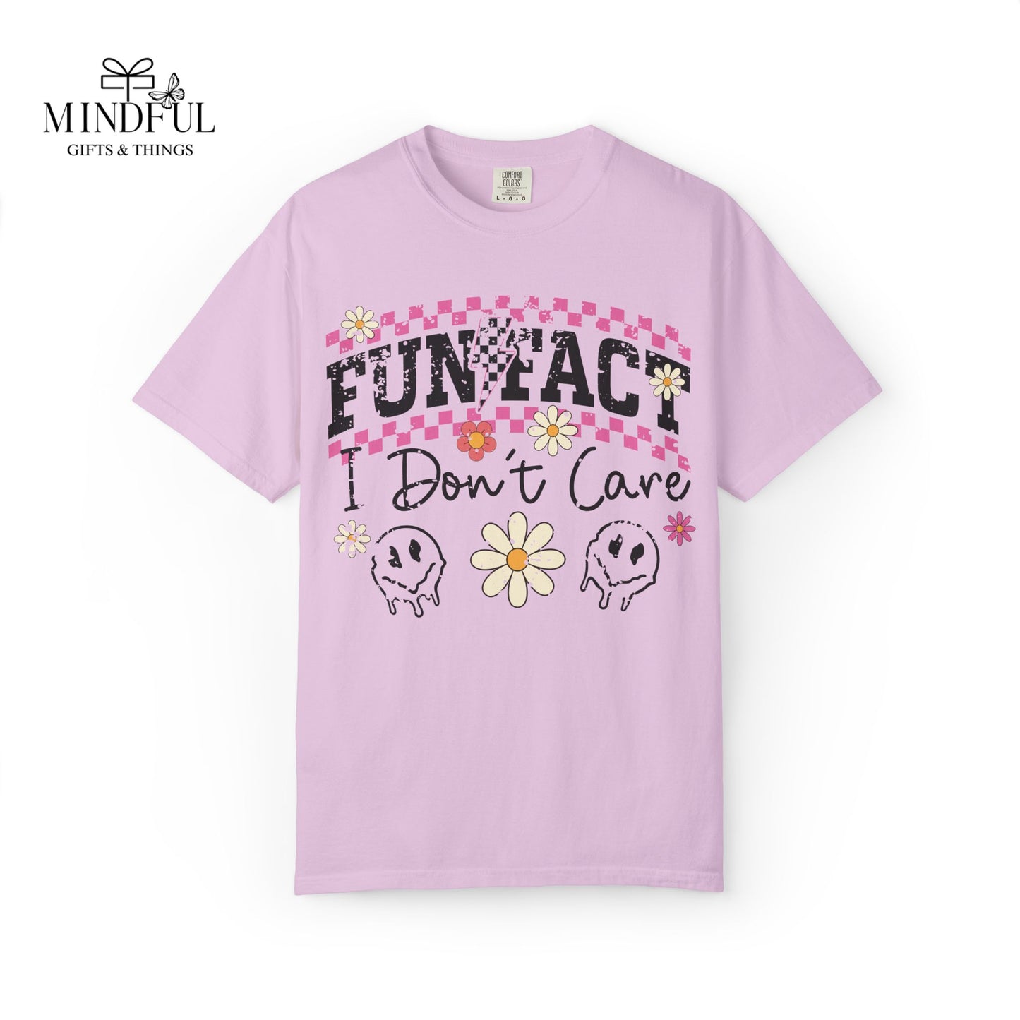 Funtact Don't Care Graphic T-Shirt — Retro Checker Flowers & Skulls Tee