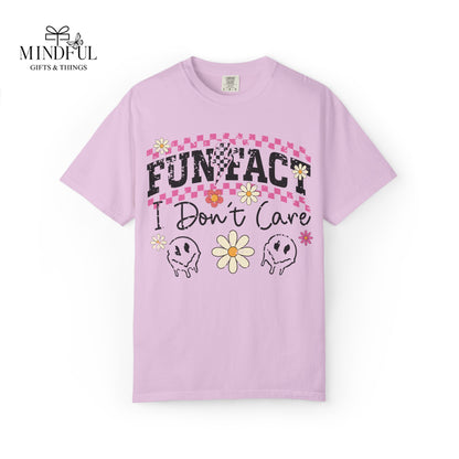 Funtact Don't Care Graphic T-Shirt — Retro Checker Flowers & Skulls Tee