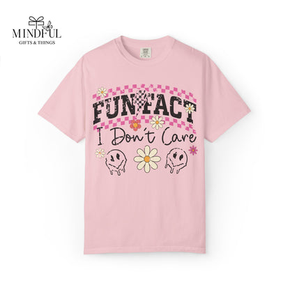 Funtact Don't Care Graphic T-Shirt — Retro Checker Flowers & Skulls Tee