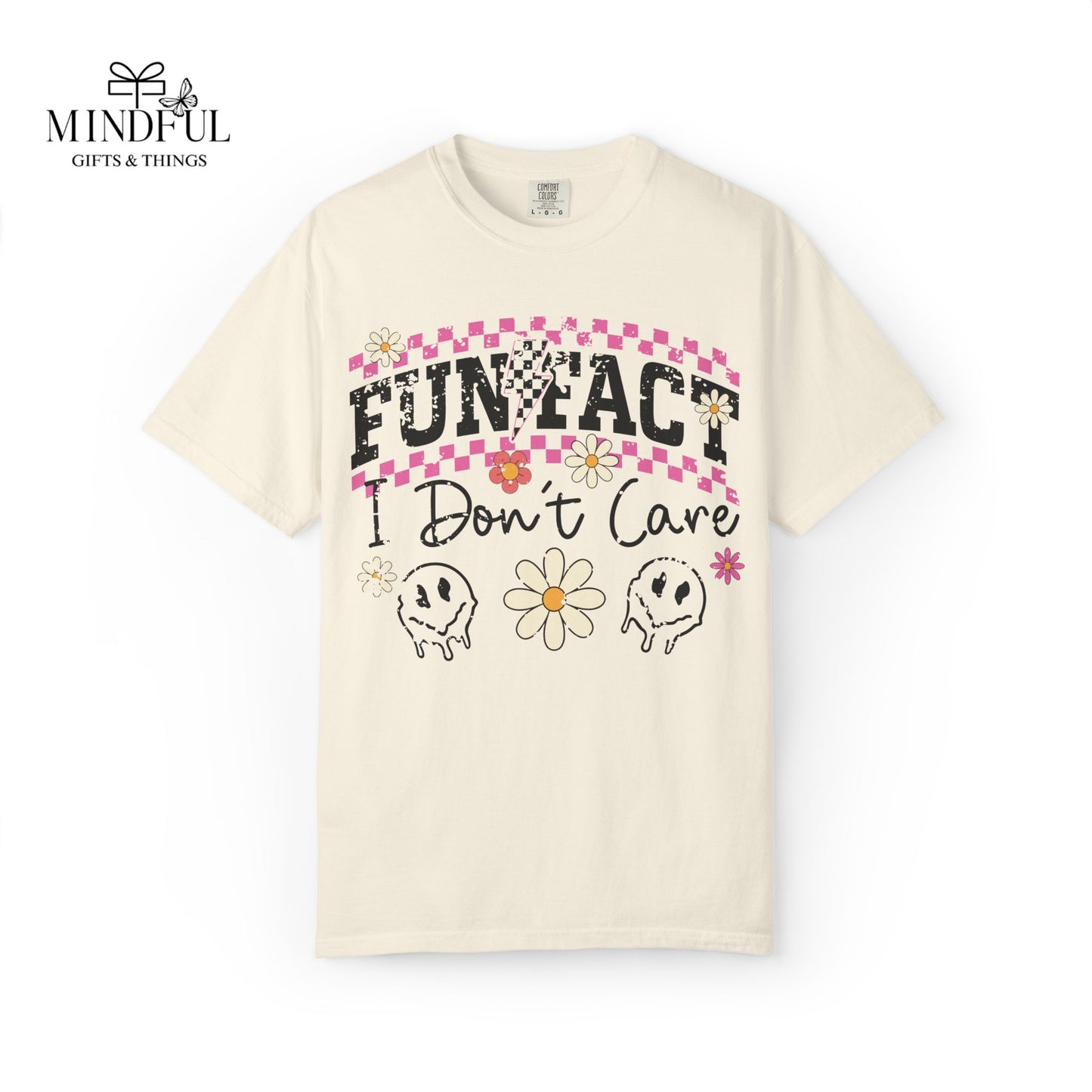 Funtact Don't Care Graphic T-Shirt — Retro Checker Flowers & Skulls Tee