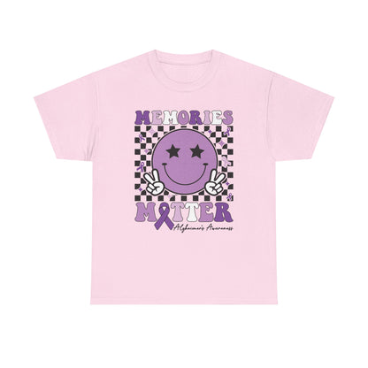 Smiley Memories Matter Tee — Purple Alzheimer’s Awareness Shirt