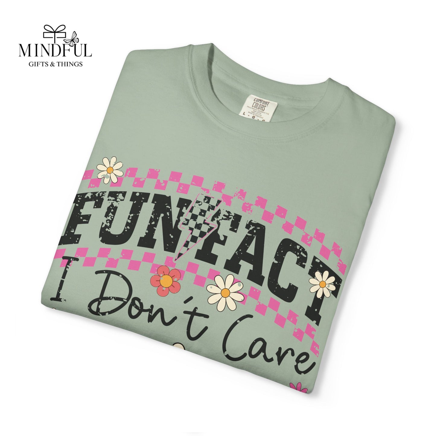 Funtact Don't Care Graphic T-Shirt — Retro Checker Flowers & Skulls Tee