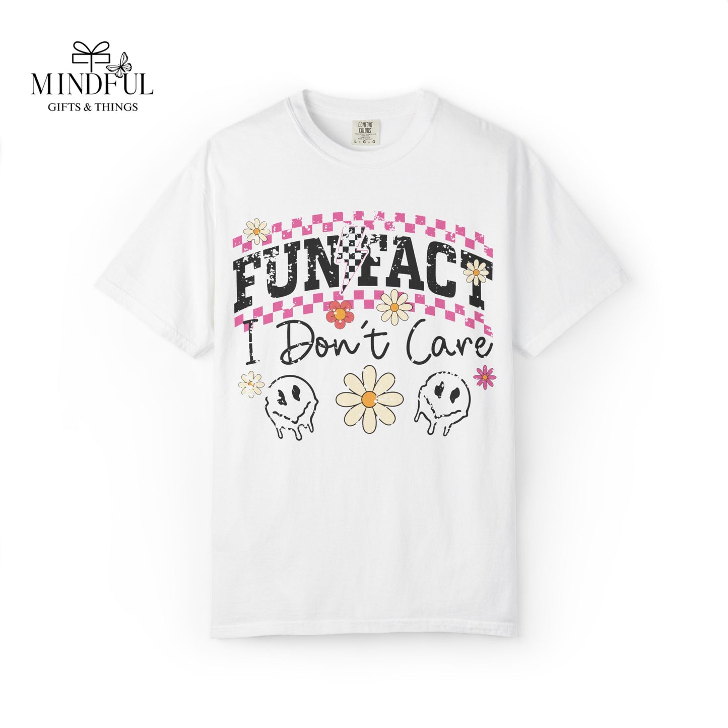 Funtact Don't Care Graphic T-Shirt — Retro Checker Flowers & Skulls Tee