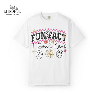 Funtact Don't Care Graphic T-Shirt — Retro Checker Flowers & Skulls Tee