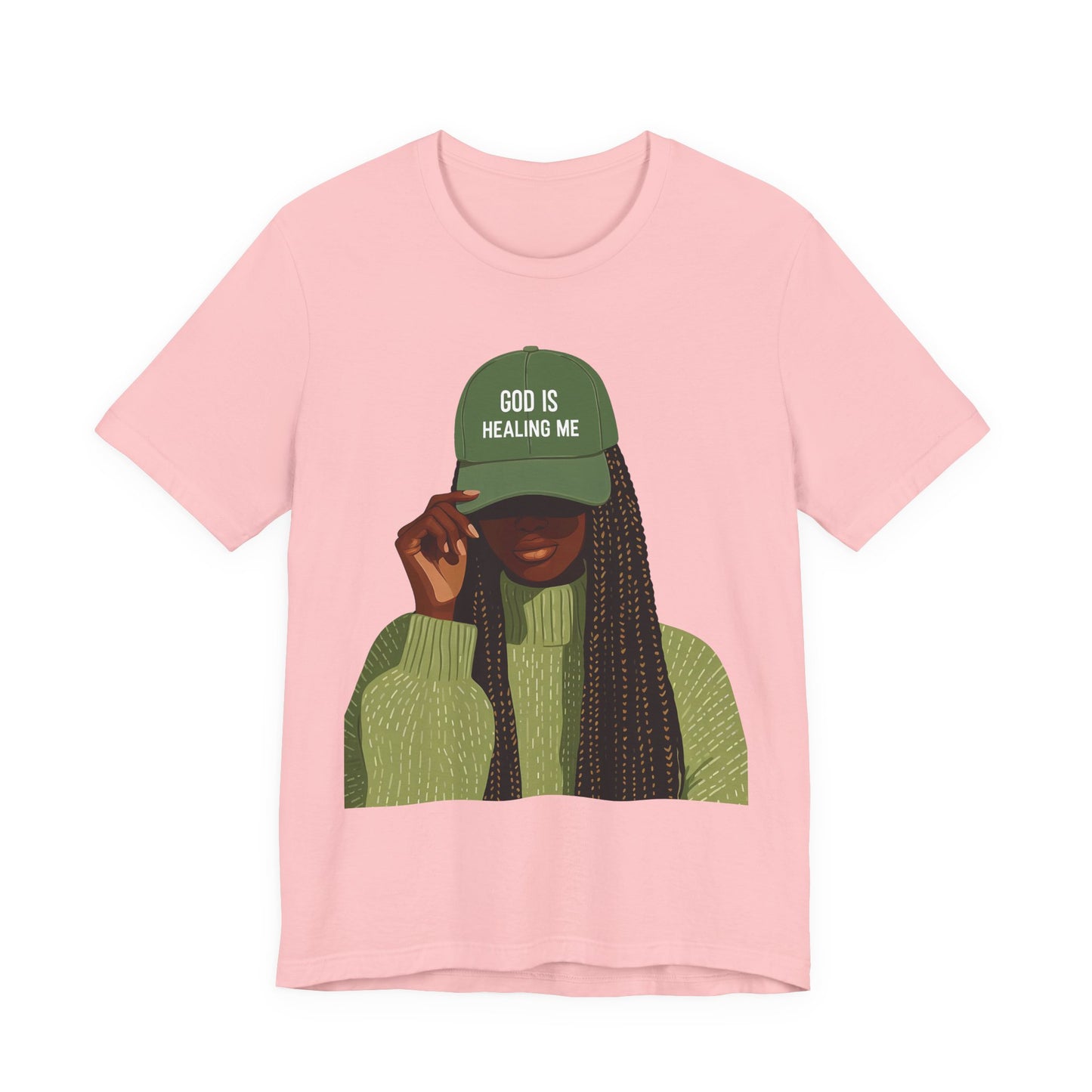 God Is Healing Me Tee — Inspirational Faith T‑Shirt with Green Cap Graphic