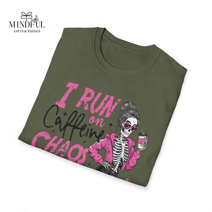 I Run on Caffeine, Chaos & Cuss Words Graphic T-Shirt — Funny Skeleton Coffee Tee