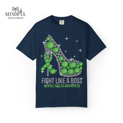 Mental Health Awareness T-Shirt — "Fight Like a Boss" Green Ribbon Heels