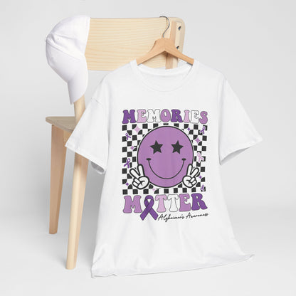 Smiley Memories Matter Tee — Purple Alzheimer’s Awareness Shirt