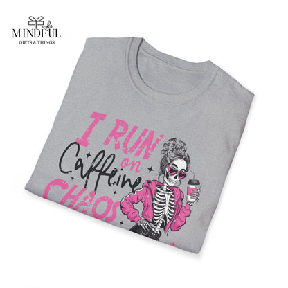 I Run on Caffeine, Chaos & Cuss Words Graphic T-Shirt — Funny Skeleton Coffee Tee