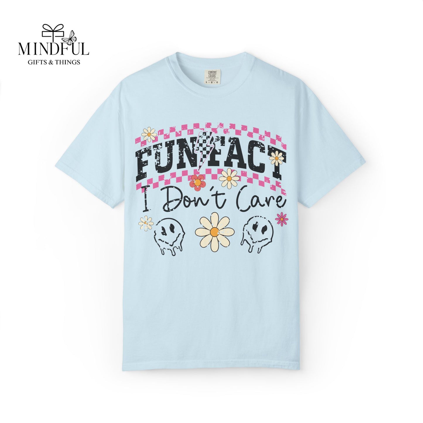 Funtact Don't Care Graphic T-Shirt — Retro Checker Flowers & Skulls Tee
