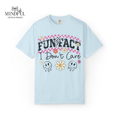Funtact Don't Care Graphic T-Shirt — Retro Checker Flowers & Skulls Tee
